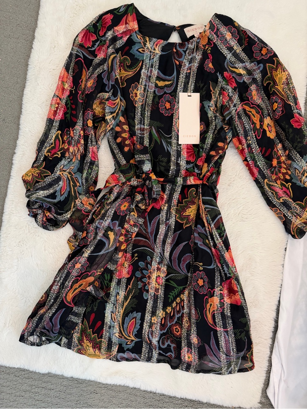 Black ciebon Floral Tie-Waist Mini Dress with Long Sleeves
